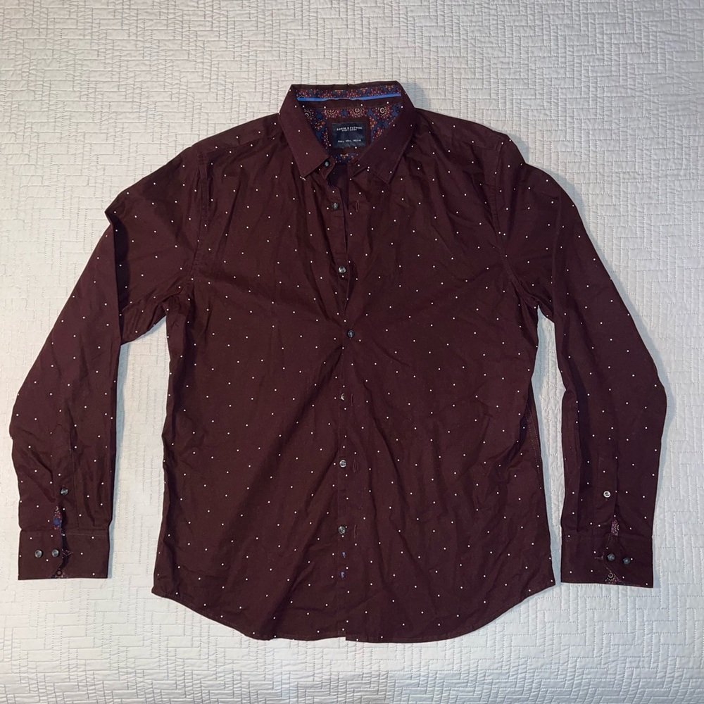Denim & Flower Ricky Singh Maroon Button Down Polka Dot Dress Shirt Size Large